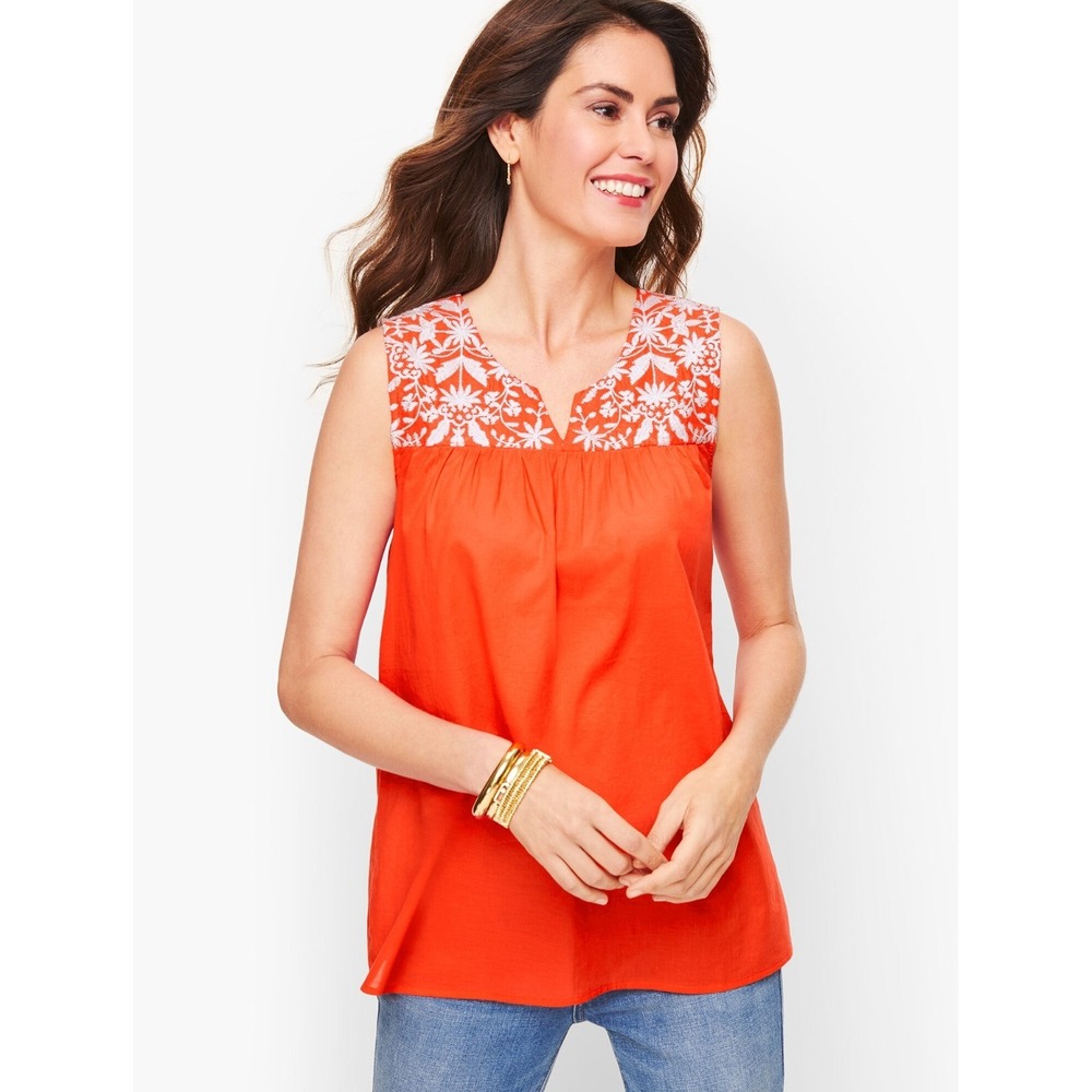 Talbots Petite Sleeveless Blouse Women's Orange Embroidered Voile Shell Top - MP
